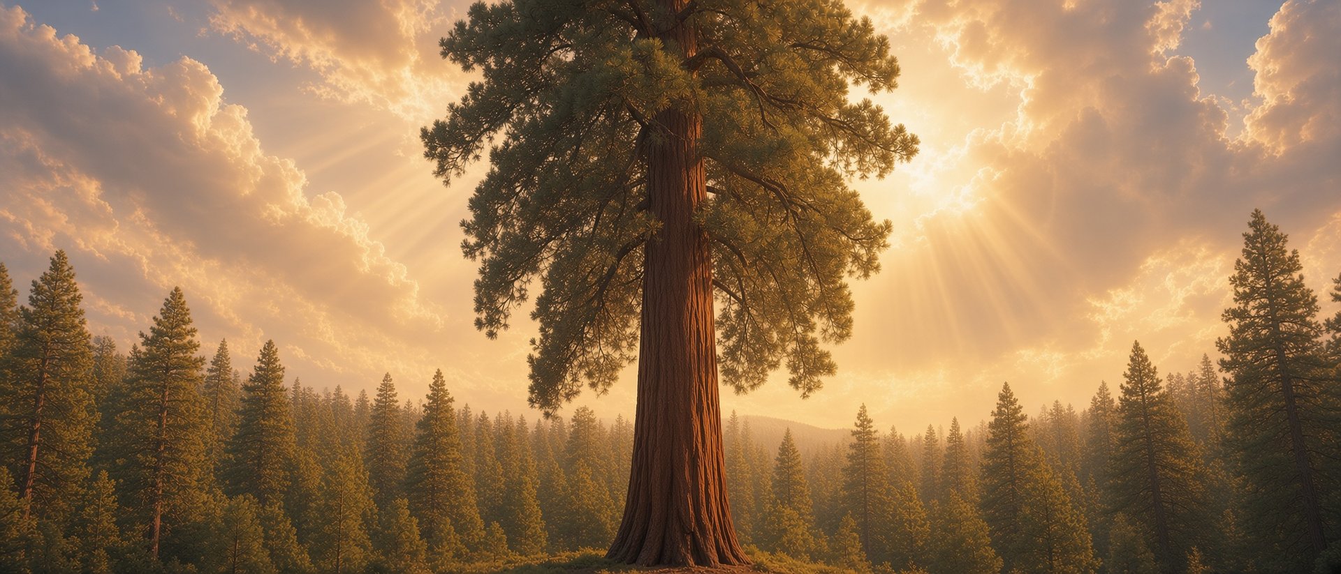Tall tree standing above a forest canopy at sunrise